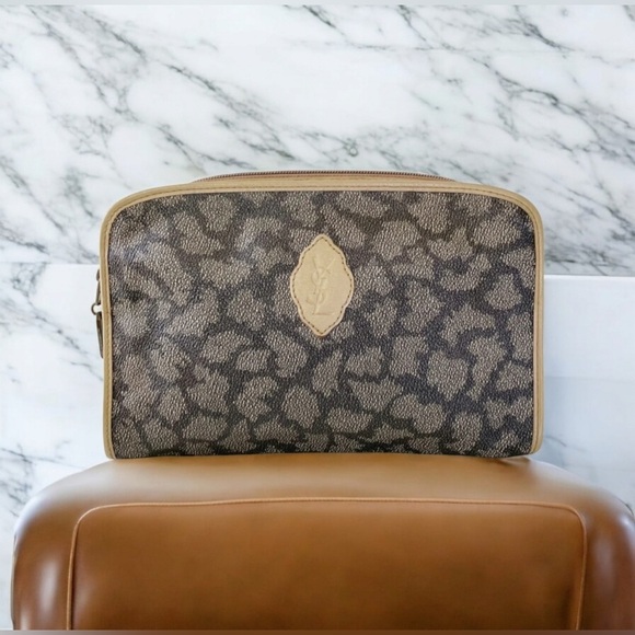 Yves Saint Laurent Vintage Gray & Tan Giraffe Print Canvas Pouch - Picture 1 of 5
